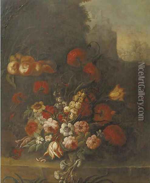 Tulips, roses, peonies, narcissus and other flowers and peaches on a ledge Oil Painting - Italian School