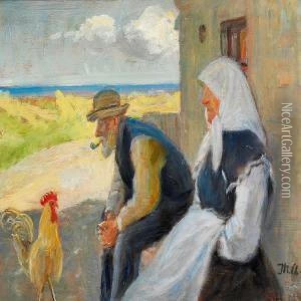 An Old Couple And A Cock, Skagen Oil Painting - Michael Ancher