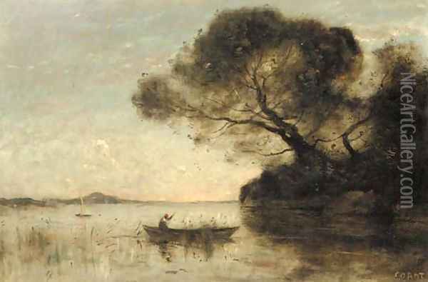 Le soir au Lac d'Albano Oil Painting - Jean-Baptiste-Camille Corot
