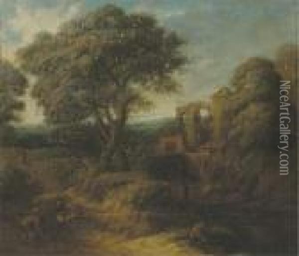 A Wooded Landscape With Figures On A Path Oil Painting - Frederick De Moucheron