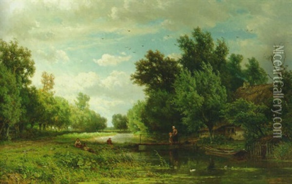 Geldersch Landschap: Young Anglers On A Riverbank With A Cottage Nearby Oil Painting - Jan Willem Van Borselen