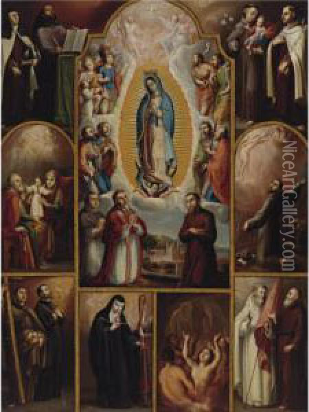 The Virgin Of Guadalupe Surrounded By Archangels, Saints Anddonors Oil Painting - Juan Rodriguez Juarez