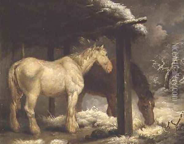 Shire Horses by a Thatched Shelter in a Stormy Wintery Landscape 1790 Oil Painting - George Morland