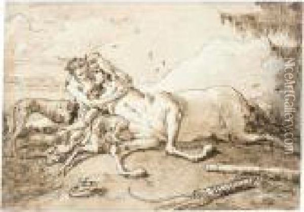 A Centaur And A Female Faun In A Landscape Oil Painting - Giovanni Domenico Tiepolo