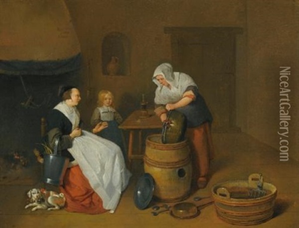 A Woman Talking With Her Maid In A Kitchen Interior With A Child, A Dog And A Fire Oil Painting - Quiringh Gerritsz van Brekelenkam