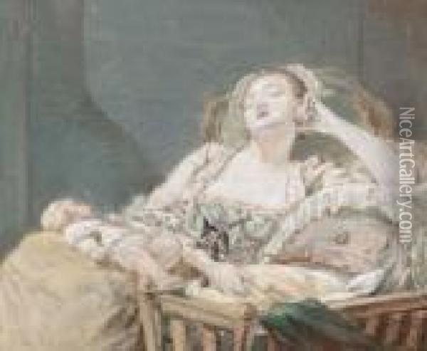 A Mother And Children Sleeping In A Chair Oil Painting - Niklaslavreince Ii Lafrensen