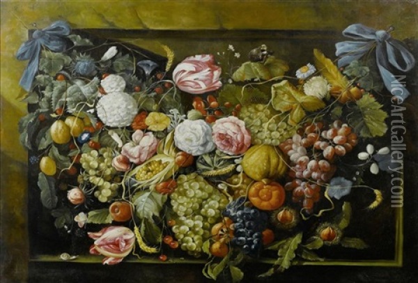 Large Still Life With A Fruit Garland Oil Painting - Jan Davidsz De Heem