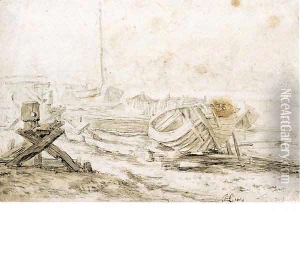 A Boatyard, With Small Vesels Hauled Ashore Oil Painting - Herman Saftleven