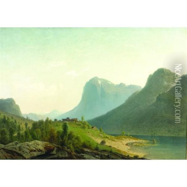 An Extensive Fjord Scene With Farm Buildings On A Hill Oil Painting - Harald (Sten H.) Torsslow