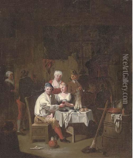 Figures Drinking And Smoking In An Interior Oil Painting - Joseph van Aken