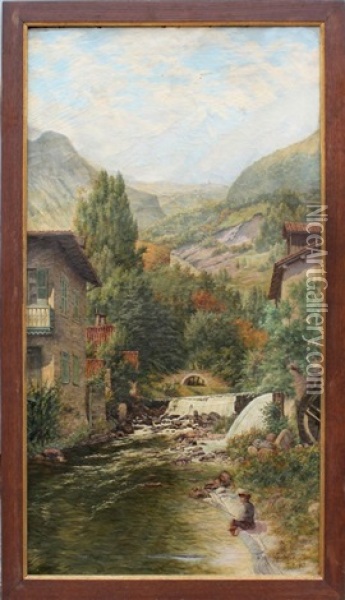 Pecheur Dans Un Paysage De Montagne Oil Painting - Abel Boulineau