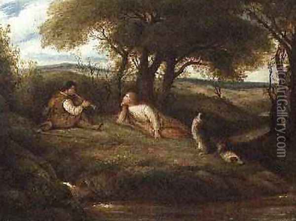 Young Man Playing Music to a Shepherd and his Dogs Oil Painting - John Linnell