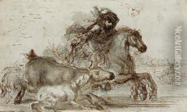 A Huntsman And Two Hounds 
Overtaking A Stag With A Subsidiary Study Of A The Huntsman's Head Oil Painting - Stefano della Bella