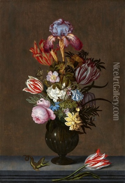 Still Life With Flowers, Leaves, A Butterfly, And A Lizard Oil Painting - Johannes Bosschaert