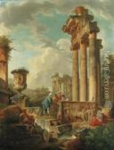 Capricci Of Roman Ruins With Figures Oil Painting - Giovanni Niccolo Servandoni