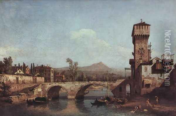 Capriccio Veneto, river, bridge and medieval town gate Oil Painting - (Giovanni Antonio Canal) Canaletto