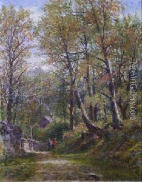 Woodland Scene With Cottage And Figures Oil Painting - George Wells