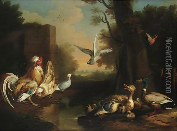 A Rooster, Hen, Ducks And Other Birds In A Landscape Oil Painting - Pieter Casteels