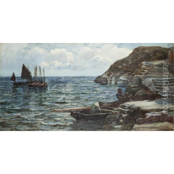 Fishing Boats Off The Coast Of Cornwall Oil Painting - Colin Hunter
