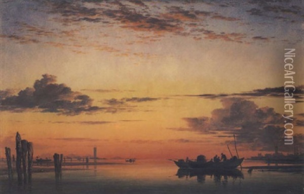 Sunset On The Lagune Of Venice, The Church Of San Giorgio In Alga In The Distance Oil Painting - Edward William Cooke