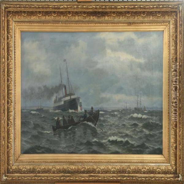 Seascape With Steamer, Hornbaek Oil Painting - Christian Vigilius Blache