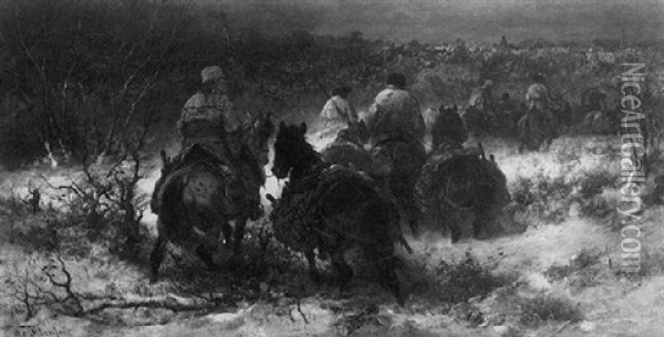 Cossacks On Horseback In A Snowy Landscape Oil Painting - Adolf Schreyer