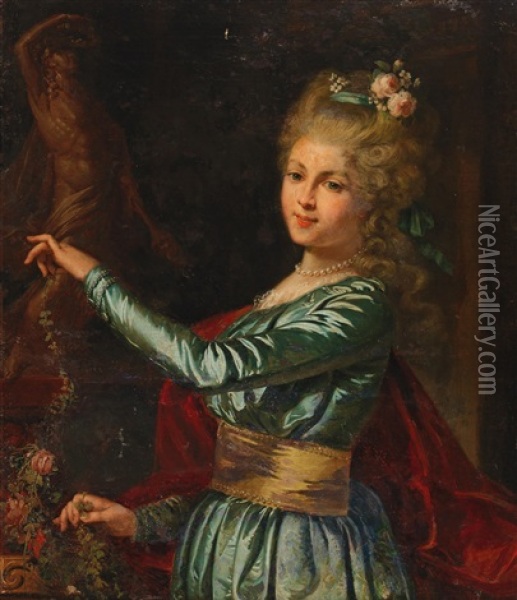 Portrait Of A Young Lady Decorating A Statue With Flowers Oil Painting - Louis Francois Gerard van der Puyl