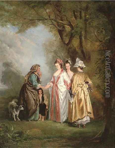 Elegant company with a gypsy in a landscape Oil Painting - Philippe Mercier