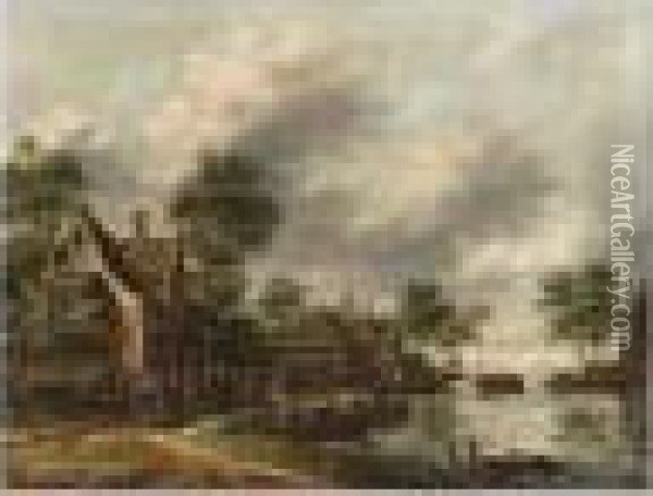 A River Landscape With A Village Kermesse And 'ganzentrekken' Oil Painting - Thomas Heeremans