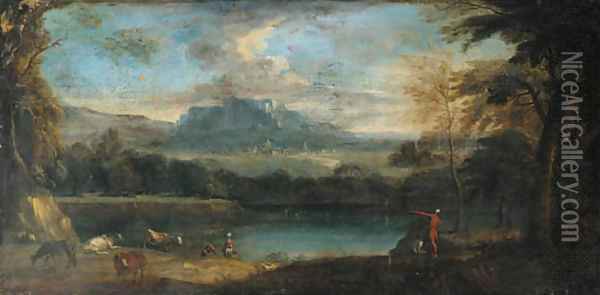 An extensive mountainous landscape with cattle by a pool Oil Painting - Jan Frans Van Bloemen, Called Il Orrizonte