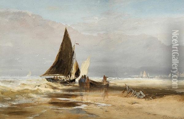 Yarmouth Beach - Boat Unloading Oil Painting - William Calcott Knell