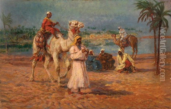 Camel Race At The Waterside Oil Painting - Karoly Cserna