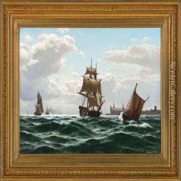 Sailing Ships Off The Coast Of Elsinore Castle Oil Painting - Lauritz B. Holst