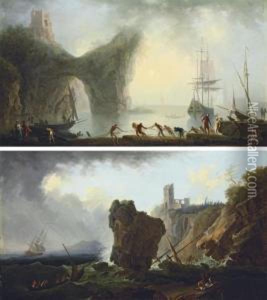 A Coastal Landscape With A 
Natural Arch And Fishermen Drawing In The Nets In The Foreground; And A 
Stormy Coastal Landscape With A Shipwreck Oil Painting - Francesco Fidanza
