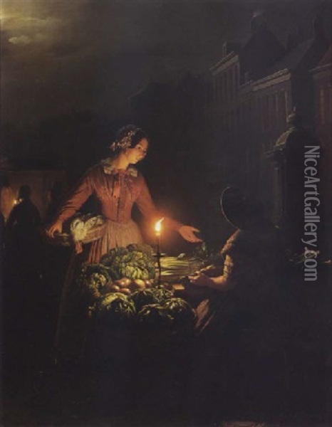 A Vegetable Seller By Candlelight Oil Painting - Petrus van Schendel