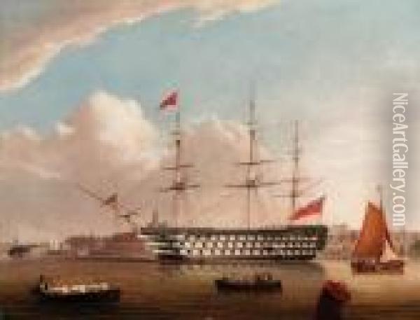 H.m.s. Victory At Her Permanent Mooring In Portsmouth Harbour Oil Painting - Robert Strickland Thomas