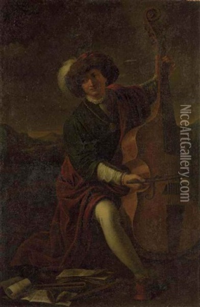 A Musician In A Green Coat, A Red Cloak, White Stockings And A Plumed Hat, Playing A Viola Da Gamba, In An Extensive Mountainous Landscape Oil Painting - Pier Francesco Mola