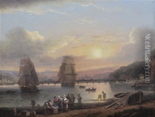 Bringing In The Catch At Shaldon Oil Painting - Thomas Luny