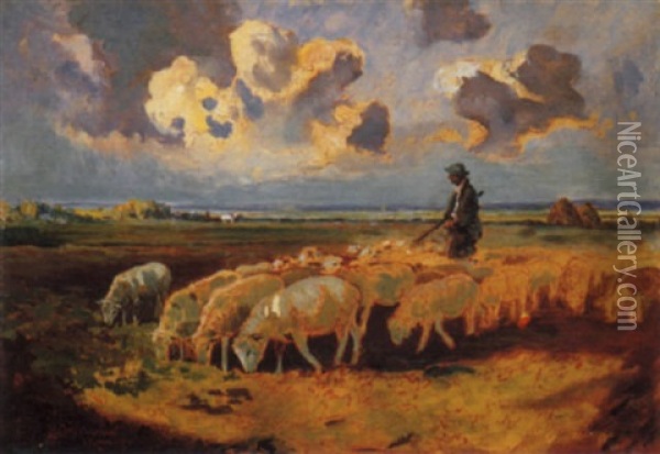 Pastore E Gregge Nella Campagna Romana, 1909 Oil Painting - Umberto Coromaldi