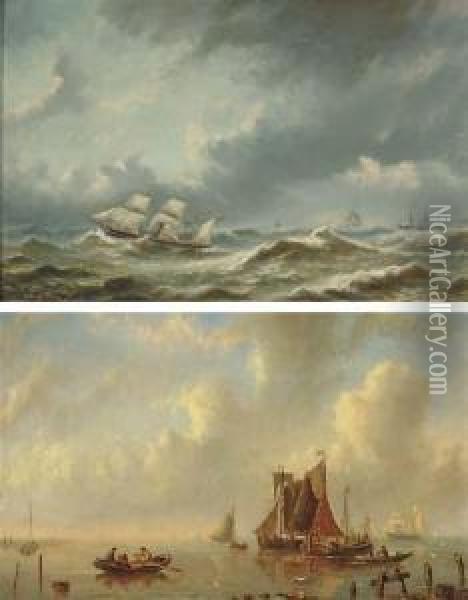 Steamers On A Stormy Sea; And Shipping On A Calm Oil Painting - Bartol Wilhelm Van Laar