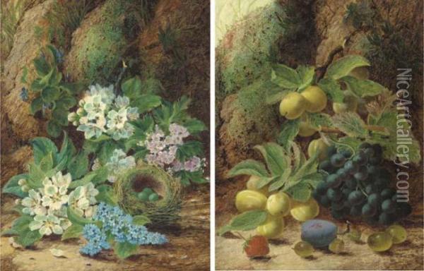 Primroses And Apple Blossom, A 
Bird's Nest With Eggs, On A Mossy Bank; And Grapes, Plums, Gooseberries,
 A Plum And A Strawberry, On A Mossy Bank Oil Painting - Oliver Clare
