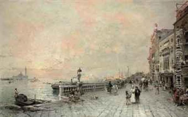 The Riva Dei Sette Martiri, Looking Towards The Ponte De La Venetamarina, Venice Oil Painting - Franz Richard Unterberger
