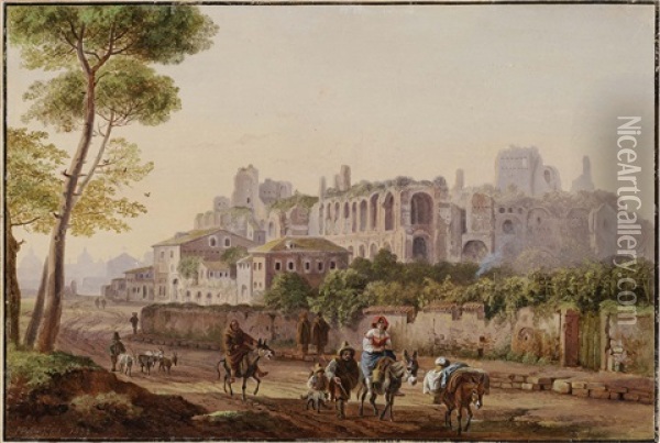 Roman Street Scene In Front Of The Palatine Oil Painting - Heinrich Buerkel