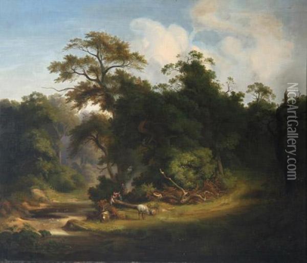 Waldpartie Mit Holzfallern Bei Ihrer Arbeit Oil Painting - Julius Bakof