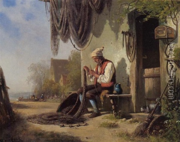 Fischer Beim Netzflicken Vor Seinem Haus Oil Painting - Bernhard Froehlich