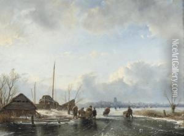 Skating On The Ice Near Dordrecht Oil Painting - Everardus Benedictus Gregorius Mirani