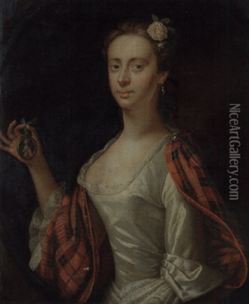 Portrait Of A Lady (jenny Cameron?) In A White Dress And Tartan Wrap Oil Painting - Jeremiah Davison