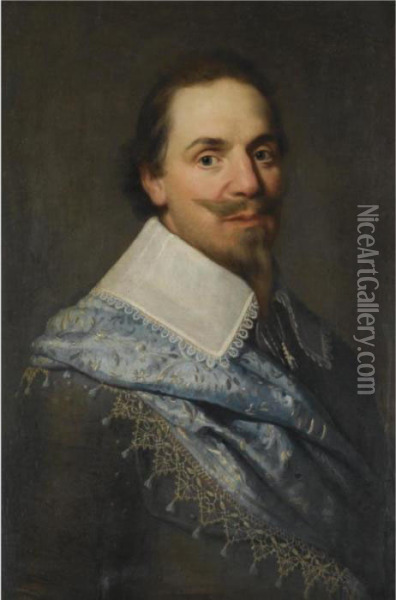 Portrait Of A Gentleman, Head And Shoulders, Wearing Grey With A Pale Blue Sash Oil Painting - Michiel Jansz. Van Miereveldt