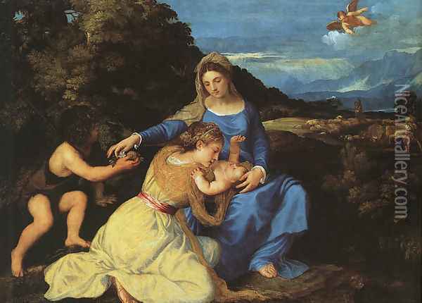 Madonna and Child with the Young St. John the Baptist and St. Catherine 1530 Oil Painting - Tiziano Vecellio (Titian)
