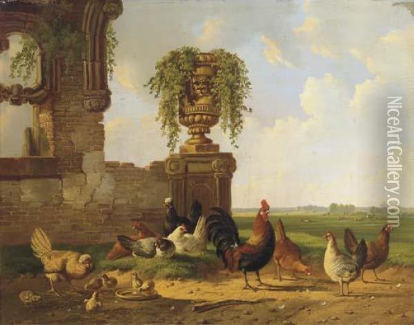 Poultry By A Ruin, An Extensive Landscape Beyond Oil Painting - Albertus Verhoesen